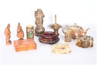 Antq Hand Carved Wood Figurines, Teapot, Caddy