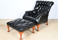 MCM Tufted Black Leather Reading Chair & Ottoman