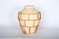 Rattan Wrapped Pottery Urn - Has Crack
