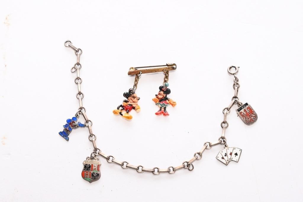 Rare Mickey & Minnie Dangle Pin, Charm Bracelet