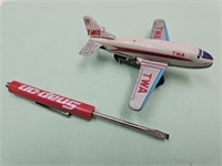Vintage Tin Friction Toy Airplane & Snap On Adv.