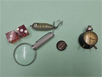 Miniature Clock, Uneeda Biscuit Pin, Fishing Lure+