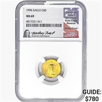 1996 $5 1/10oz. Gold Eagle NGC MS69 Signed Frost