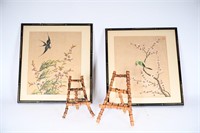 Vintage Signed Hand Painted Silks In Bamboo Frames