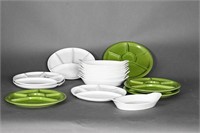 Vintage White & Green Divided Fondue Plates