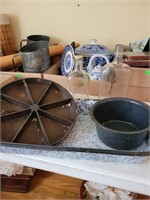Enamelware,  cast-iron,  and old bottles