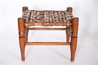 Antique Hand Turned Wood Rush Seat Stool