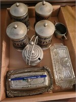 Canister set, butter dishes, etc.