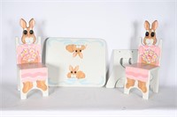 Vtg Hand Crafted/Painted Wood Bunny Table/Chairs