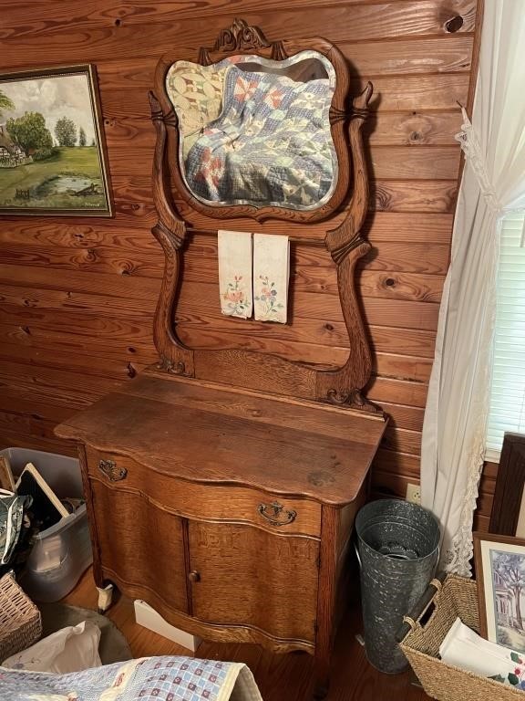 Oak washstand dresser with mirror towel rack