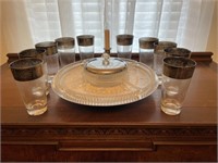 Lazy Susan and 10 silver rimmed glasses