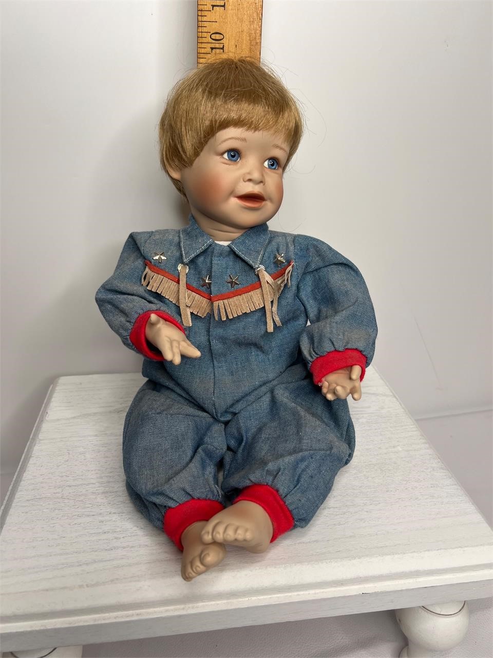 Porcelain Doll Sitting Little Boy Western Outfit