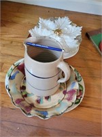Pottery Pitcher and assorted plates/platters