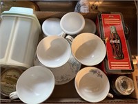 Teacups, candles, tin, tupperware
