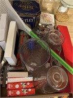 Misc lot - cups, tin, cranberry sauce dish, fly