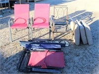 Assorted Lawn Chairs, Cushions, Tent Stakes