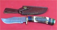 Damascus Hunting Knife, 4" Blade, Deer Horn Handle