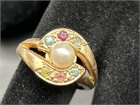 10K Gold Pearl & Semi Precious Stones Ring