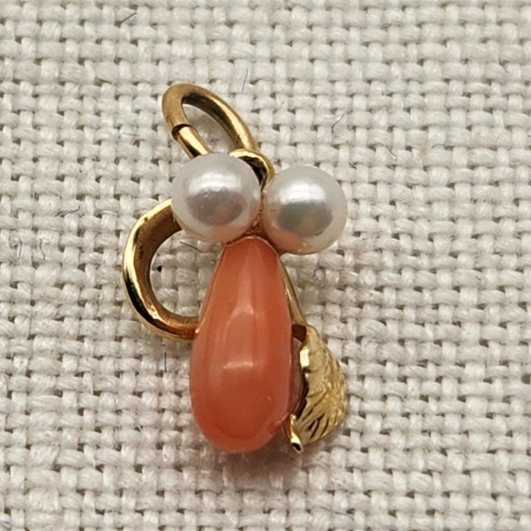 14K Gold Pearls & Coral Pendant
