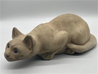 Life-Size Concrete Crouching Cat w Glass Blue Eyes