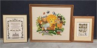 (3) Framed Embroidery Art Pieces