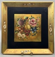 Gilt Gold & Black Tray w/ Hand Painted Flowers