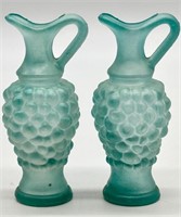 (2) Frosted Blue-Green Grape Cluster Jugs