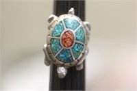Sterling Inlay Native American Turtle Ring