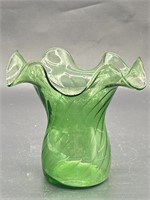 Ruffled Green Glass Flower Vase