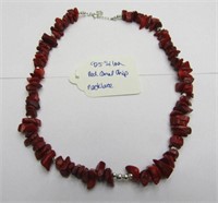 925 Silver Red Coral Chip Necklace 17"