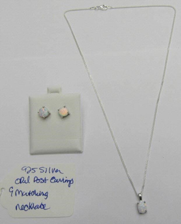 925 Silver Opal Post Earrings & Matching Necklace