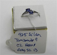 925 Silver Tanzanite & CZ Heart Ring Sz 13