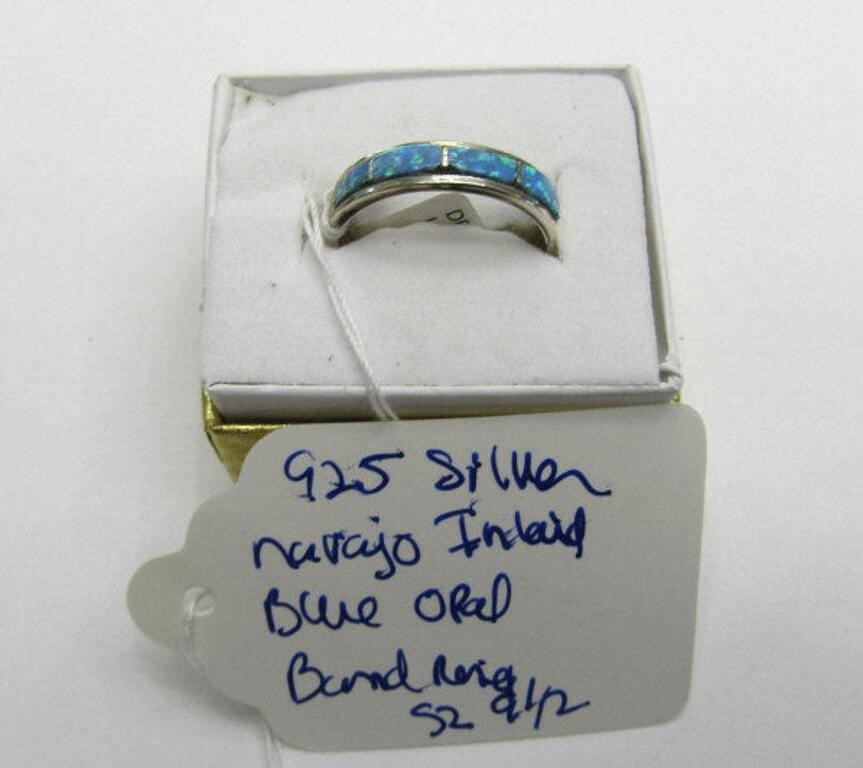 925 Silver Navajo Inlaid Blue Opal Band Ring Sz9.5