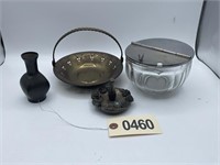 GROUP OF APPEARS TO BE BRASS TRINKETS AND GLASS BO