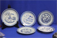 Lot of 5 Chinese Canton Blue and White Plates