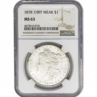 1878 7/8 TF Weak Morgan Silver Dollar NGC MS63