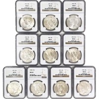 1922-1923 UNC Graded US Peace Dollars [10 Coins]