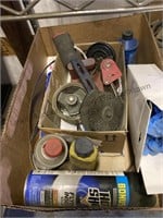 Miscellaneous box lot, bandsaw, blades, rubber,