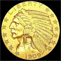 1909-D $5 Gold Half Eagle CHOICE AU