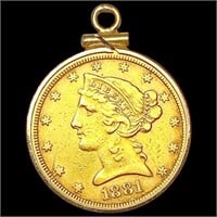 1881 US Gold $5 Eagle w/ 14K Gold Bezel CLOSELY