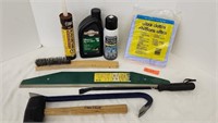 Hammer, crow bar, lawnmower oil, cloths and more.