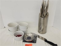 Kitchen knife and block, custard dishes, knife