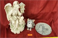 Ceramic angel, and cat figurines and stepping