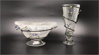 Crazed Glass Vase And Bowl W/ Beads On Iron