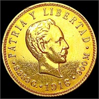1916 Cuba .2419oz Gold 5 Pesos NEARLY