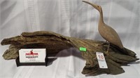 CARVED SHORE BIRD ON DRIFTWOOD 19"