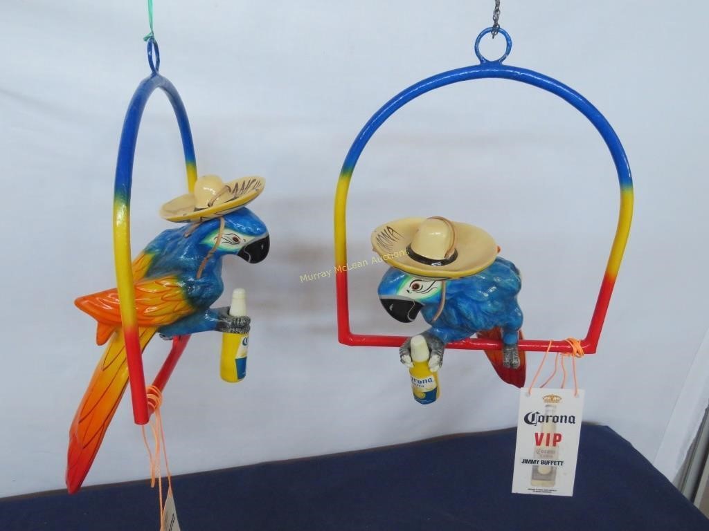 2 Jimmy Buffet Corona parrots, hanging