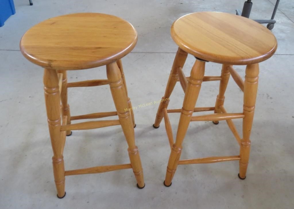 2 hickory swivel stools, 24" h, 13" seat,