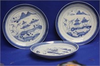 Lot of 3 Blue and White Canton Dish
