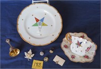 Eastern Star plte, cup/saucer, bell, pins, &